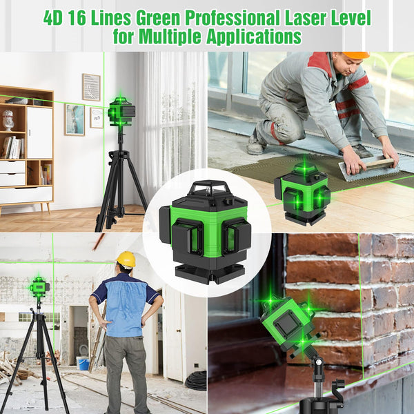 Laser Level Self Leveling 4 x 360°, 4D 16 Lines Green Professional Laser Level with 2 Batteries, Adjustable Brightness Pulse Mode, Swivel Base Remote Control Wall Bracket (with Tripod Base)