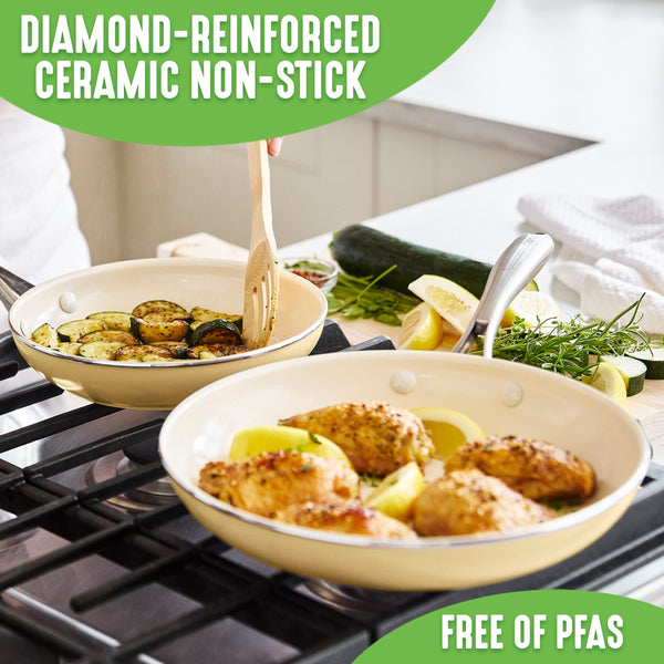 GreenLife Artizan Healthy Ceramic Non-Stick 12-Piece Cookware Pots and Pan Set, Stainless Steel Handle, PFAS-Free, Induction, Oven Safe, Yellow