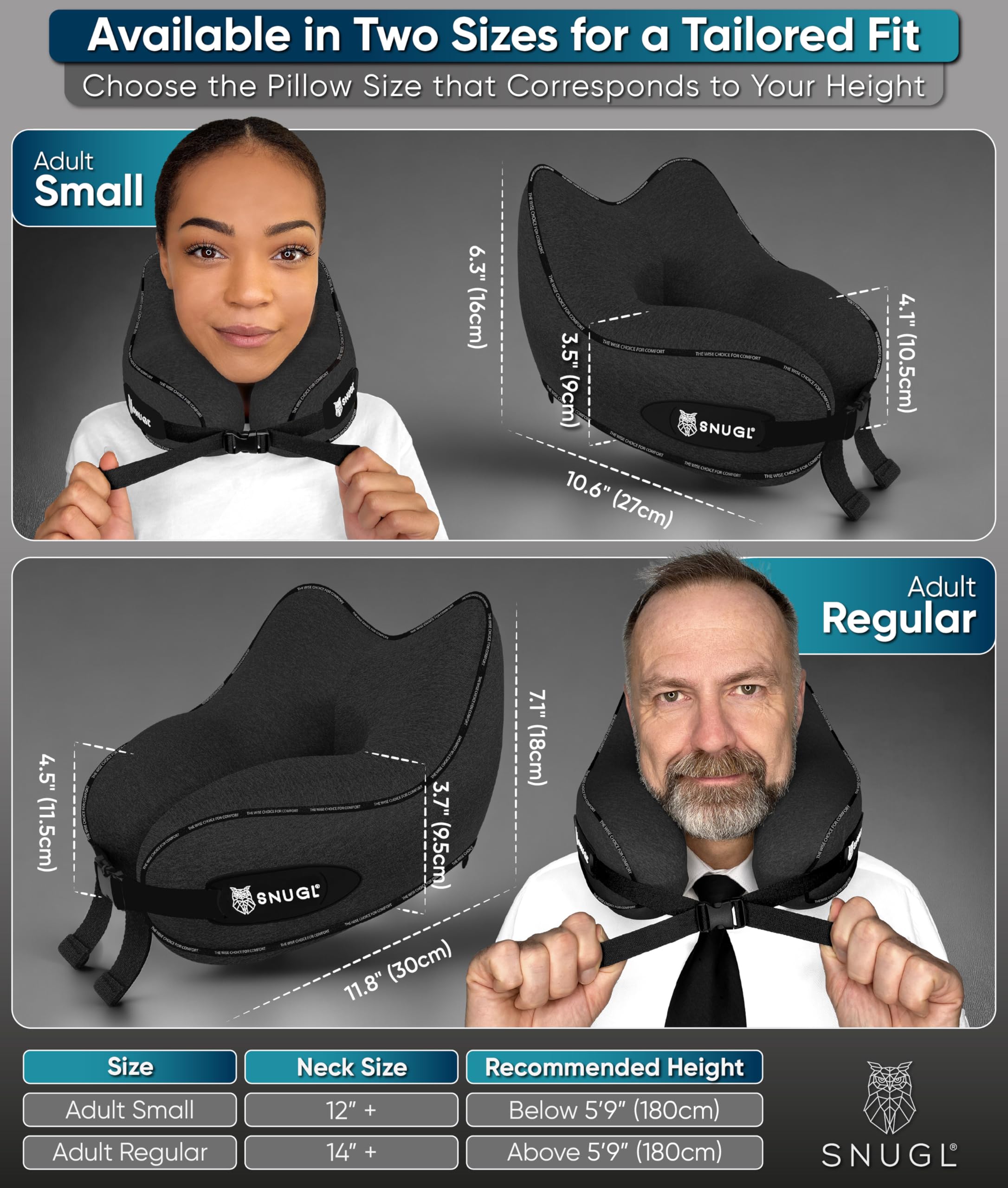 SNUGL Travel Pillow – Memory Foam Neck Pillow for Travel – Support Cushion for Airplane with Carry Bag & Clip - Holiday Essentials (Black - Adult Regular)