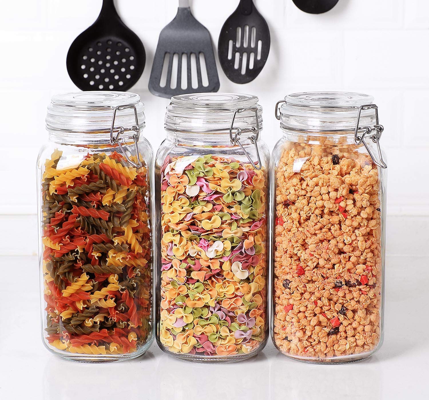 ComSaf Glass Storage Jars with Lids 2300ML Food Canisters Set of 3 - Airtight Clear Preserving Seal Wide Mouth Containers with Wire Clip Fastening for