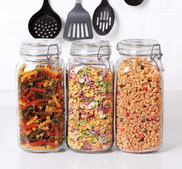 ComSaf Glass Storage Jars with Lids 2300ML Food Canisters Set of 3 - Airtight Clear Preserving Seal Wide Mouth Containers with Wire Clip Fastening for