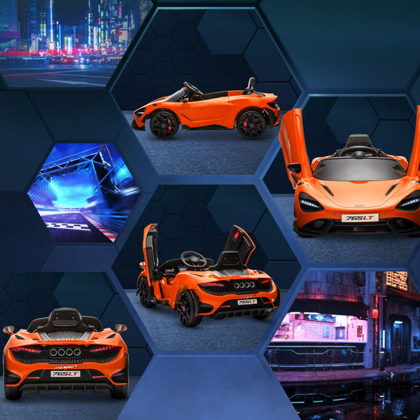 AIYAPLAY McLaren 765LT Licensed Electric Car for Kids with Butterfly Doors, 12V Kids' Electric Ride on with Remote Control, Transport Wheels, LED Lights, MP3 Music, Horn, for 3-6 Years, Orange