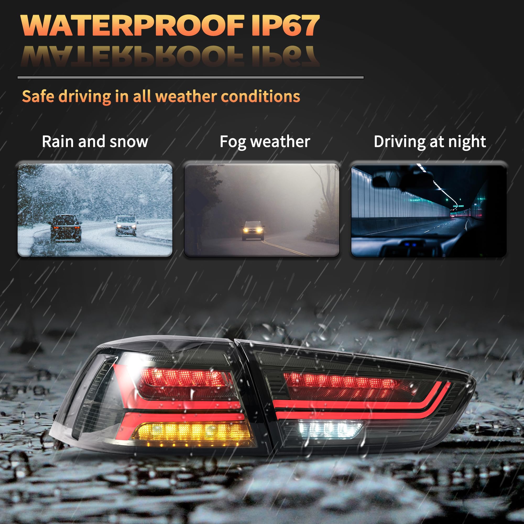 LED Rear Lights compatible with Lancer & EVO X 2008-2020 (Not Fit fortis/io), w/Amber Sequential indicator, Driver & Passenger Side - Red