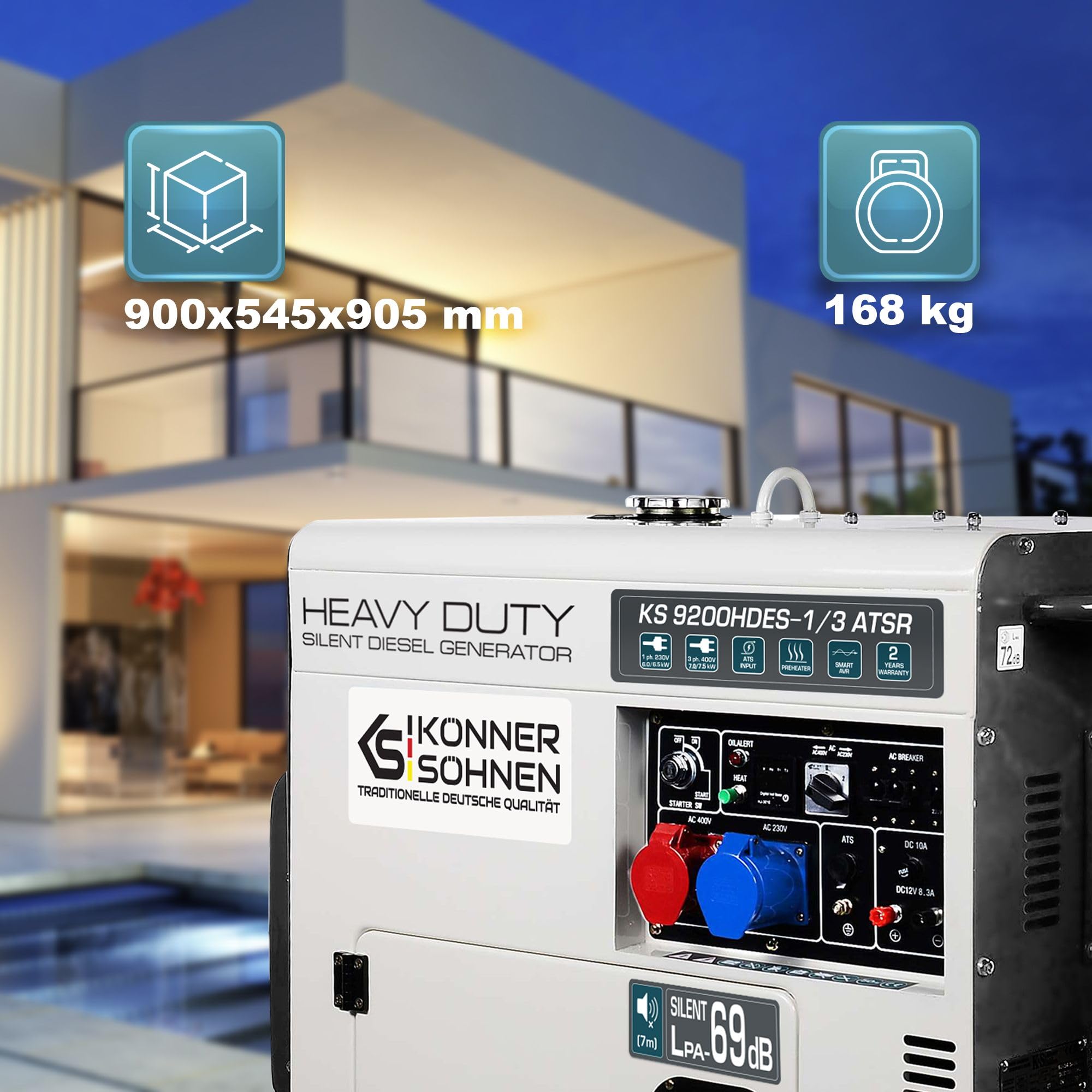 KS 9300DE-1/3 ATSR, diesel emergency generator 7500 W (400 V) / 6500 W (230 V), VTS phase switching system, diesel power generator EURO 5, LED display, air preheater, ATS connection