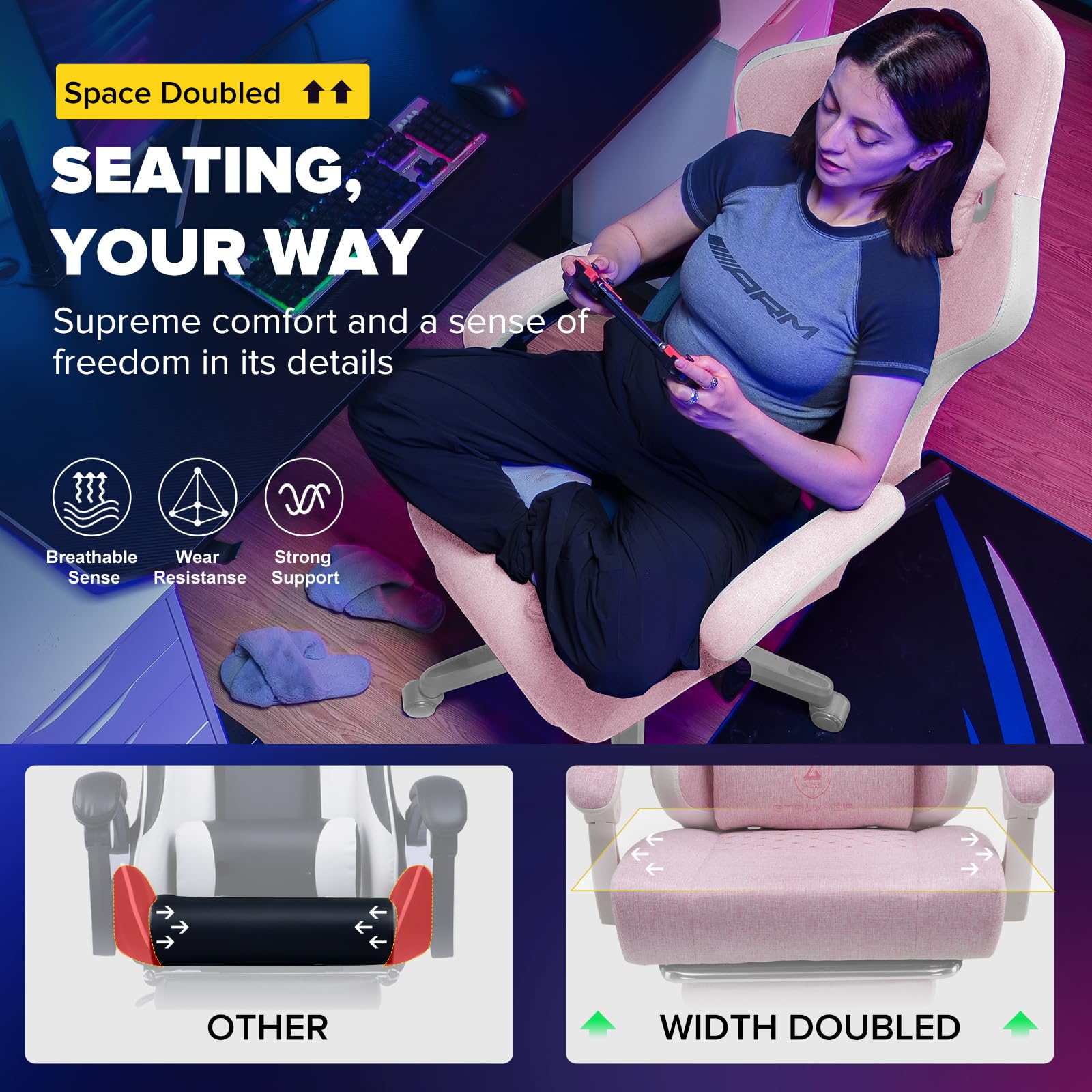 GTPLAYER Fabric Gaming Chair with Footrest, Ergonomic Computer Desk Chair with Pocket Spring Cushion Home Office High Back Support Lumbar Support Heavy Duty Wide