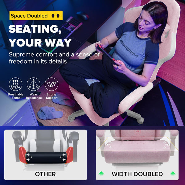 GTPLAYER Fabric Gaming Chair with Footrest, Ergonomic Computer Desk Chair with Pocket Spring Cushion Home Office High Back Support Lumbar Support Heavy Duty Wide