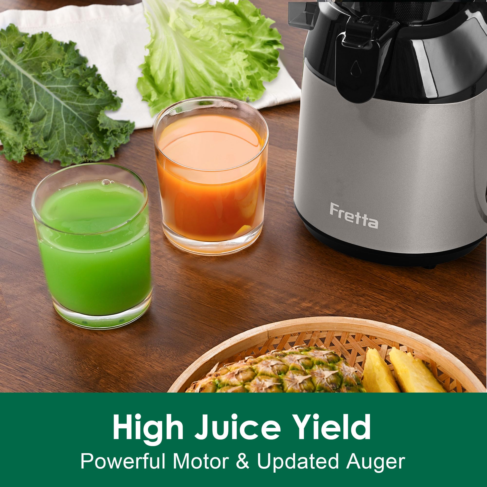 Cold Press Juicer Machines,Fretta Slow Masticating Juicer with 108mm &1.0L Hopper for Whole Fruits and Vegetables,200W Self Feeding High Yield Juice Extractor,BPA Free Tritan, (Black)