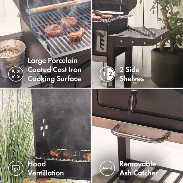 VonHaus Charcoal BBQ – XL Portable Barbecue with Warming Rack, Fold Down Shelves, Temperature Gauge, Wheels, Cooking Grill, Air Vents – 2 in 1 Barbeque and Smoker – Grill Meat, Fish & Vegetables