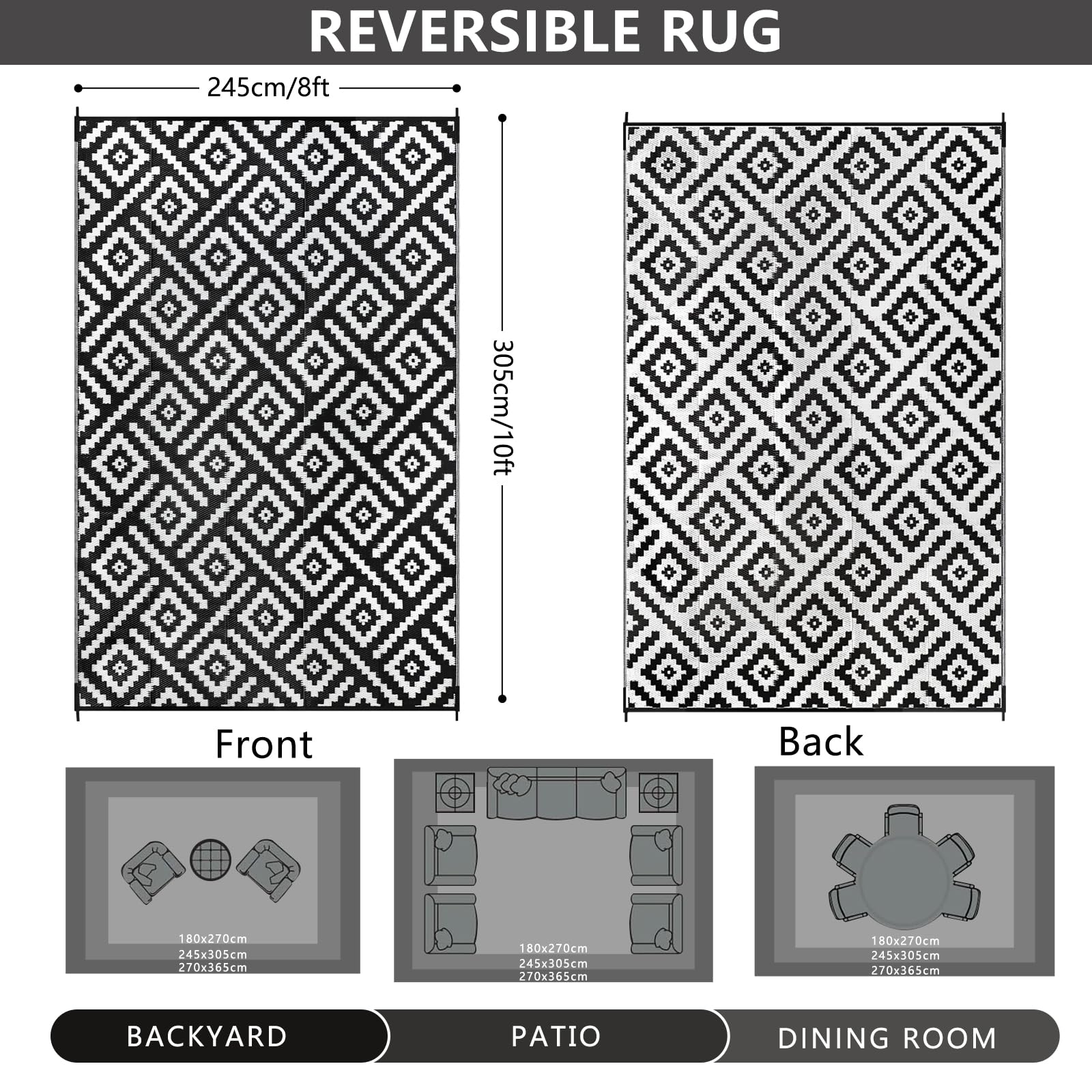Cekene Large Outdoor Rug Waterproof Black 245x305cm Patio Rugs Reversible RV Camping Mat Lightweight Plastic Portable Outdoor Carpet for Picnic Porch Deck Backyard BBQ Beach