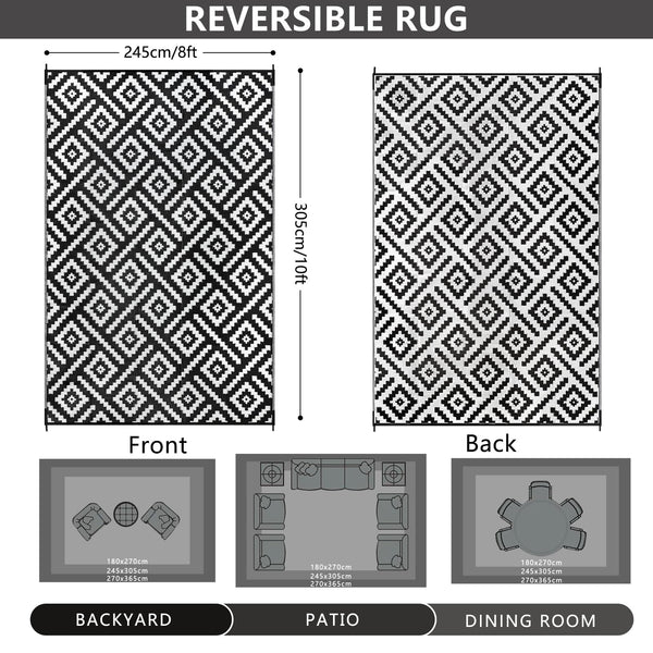 Cekene Large Outdoor Rug Waterproof Black 245x305cm Patio Rugs Reversible RV Camping Mat Lightweight Plastic Portable Outdoor Carpet for Picnic Porch Deck Backyard BBQ Beach