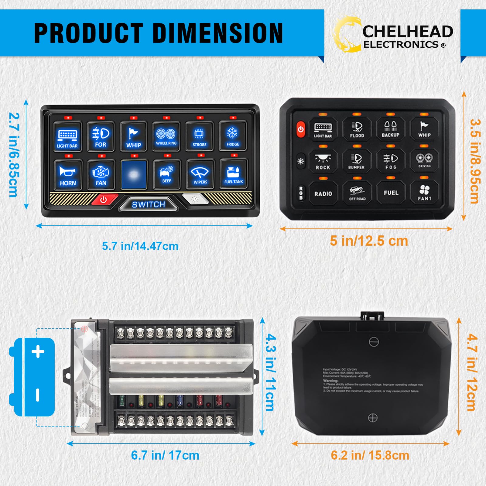 Chelhead 12V/24V Switch Control Panel RGB 6 Gang Dimmable Multi-Function Programmable Switch Panel Acc Battery Control Waterproof, Compatible with Truck Boat SUV RV Trailer Marine ATV UTV
