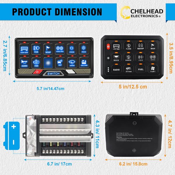 Chelhead 12V/24V Switch Control Panel RGB 6 Gang Dimmable Multi-Function Programmable Switch Panel Acc Battery Control Waterproof, Compatible with Truck Boat SUV RV Trailer Marine ATV UTV