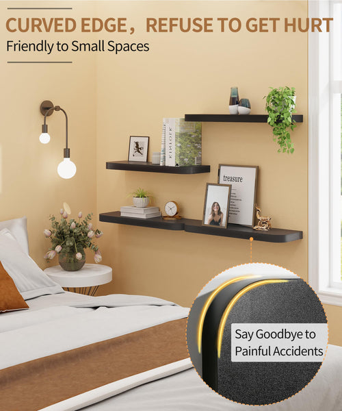 Gronda Black Floating Shelves for Wall, Set of 2 Modern Midcentury Wall Mounted Shelf Curved Edge Design with Large Decor Storage Display Shelf for
