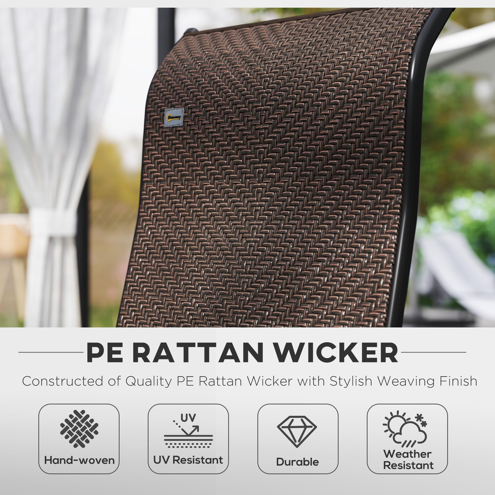 Outsunny Set of 2 Outdoor Wicker Folding Chairs, Patio PE Rattan Dining Armrests Chair set with 7 Levels Adjustable Backrest, for Outdoors, Camping, Brown