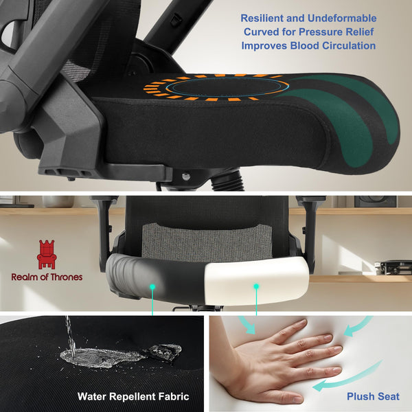 Realm of Thrones CAPTAIN Ergonomic Office Chair for Home, Heavy Duty Steel Base, Versatile Flip-up Armrests, Adjustable Lumbar Support, Mesh Back Comfort Cushion Seat for Computer Desk/Gaming (Black)