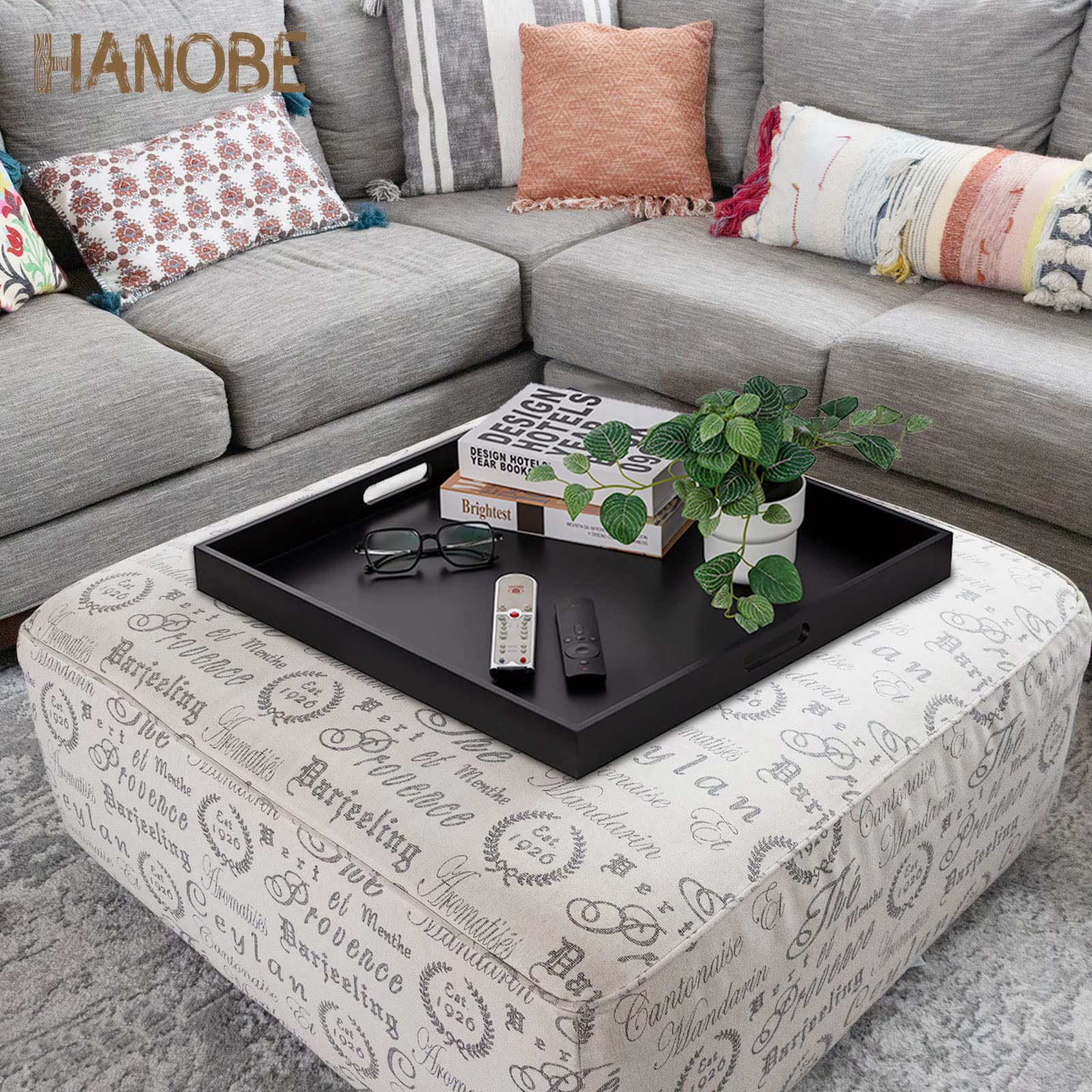 Hanobe Square Large Ottoman Tray: Modern Extra Large Black Serving Decorative Trays with Cutout Handles for Living Room Coffee Table Home, 20"