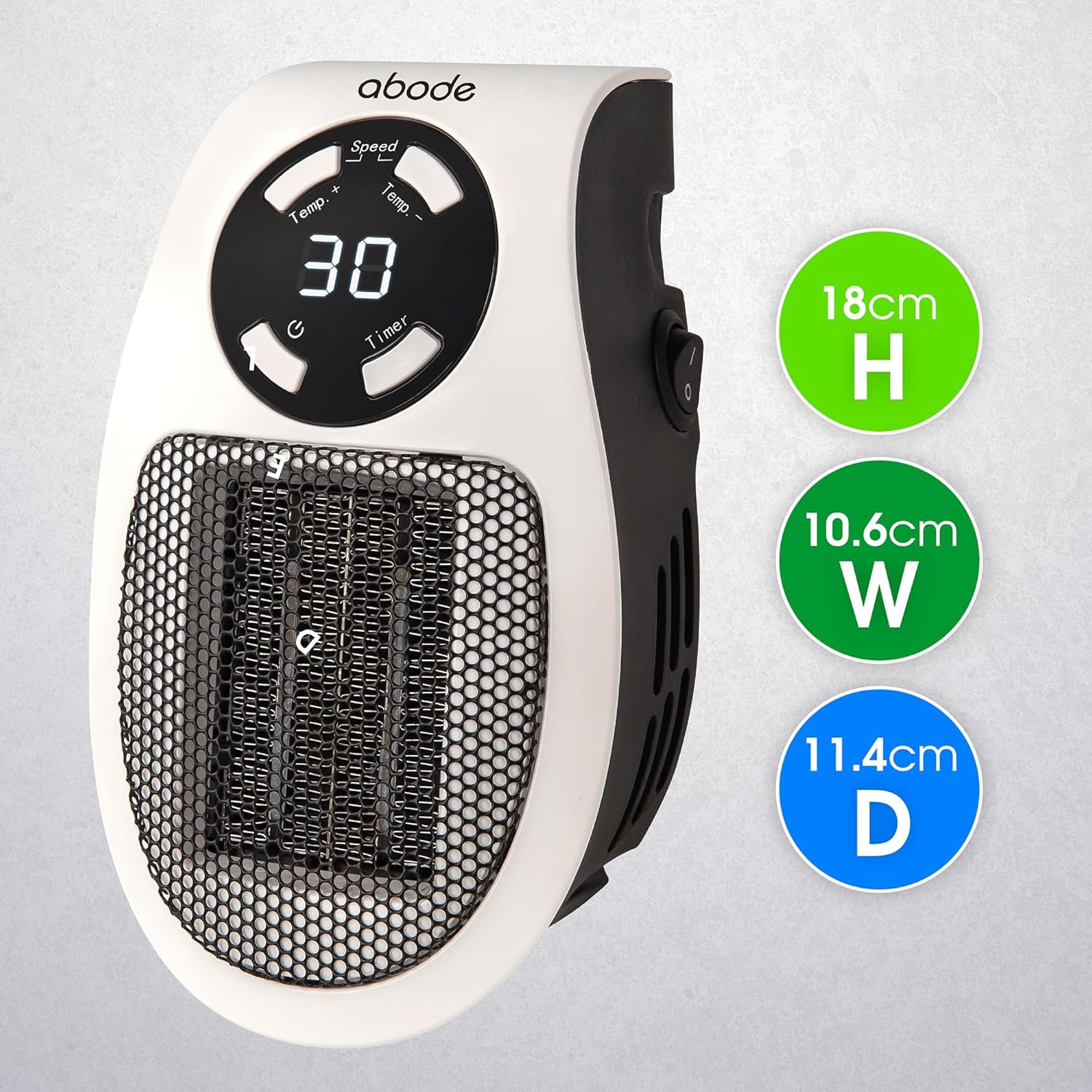 Abode 500W Compact Portable White Ceramic Plug in Heater with 2 Heat Settings & Overheat Protection, Electric Heater, LED Display, 12hr Auto Timer, 10m2 Room Size APH1001