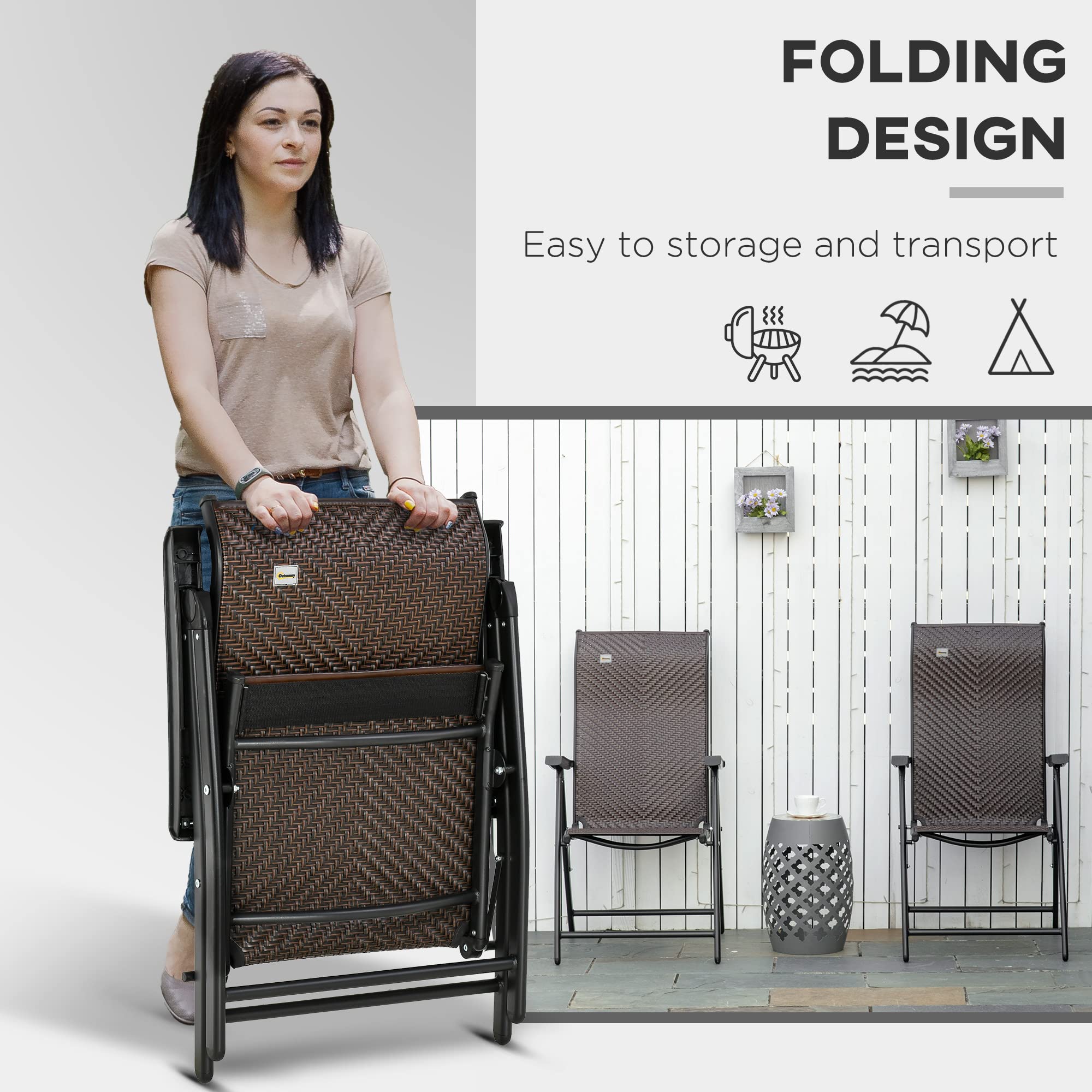 Outsunny Set of 2 Outdoor Wicker Folding Chairs, Patio PE Rattan Dining Armrests Chair set with 7 Levels Adjustable Backrest, for Outdoors, Camping, Brown