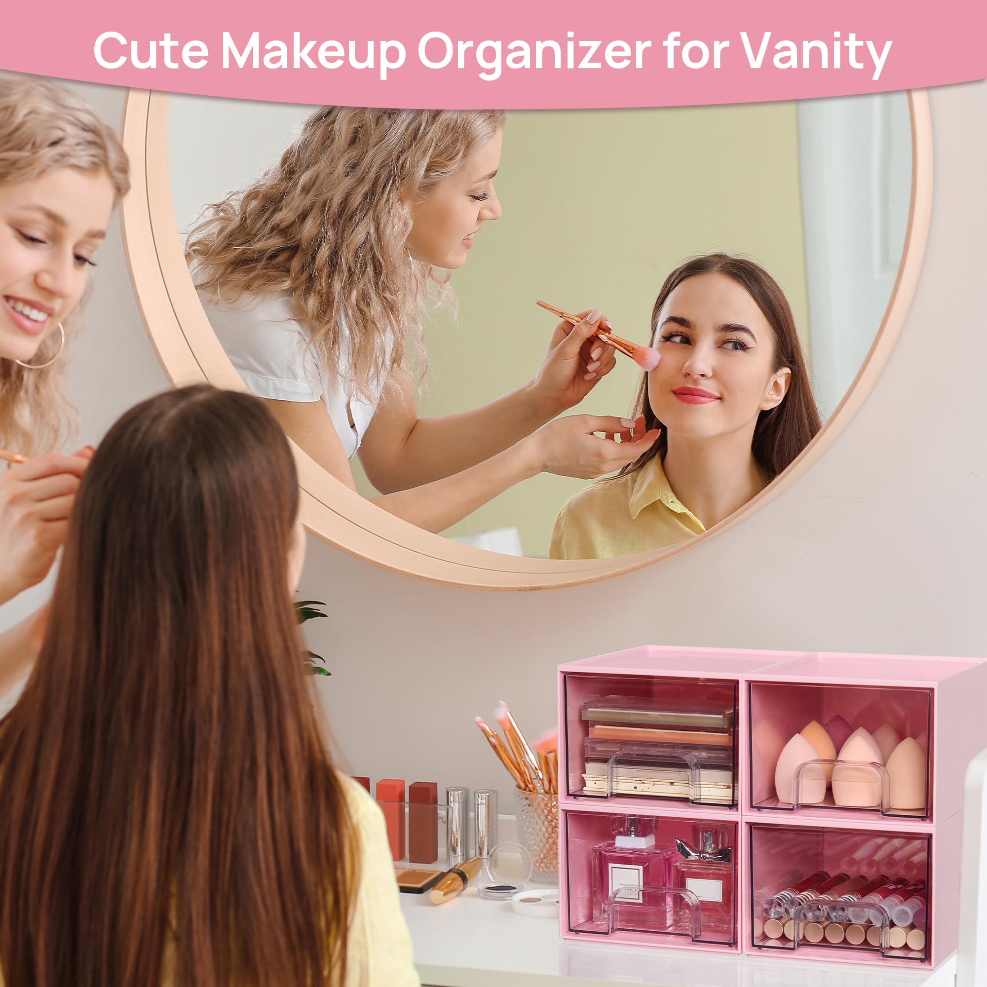 Vtopmart 4 pack Clear Stackable Storage Drawer, 4.4 Inch Tall Acrylic Bathroom Makeup Organiser, Plastic Storage box for Vanity, Under Sink, Kitchen Cupboard, Pantry, Home Organization