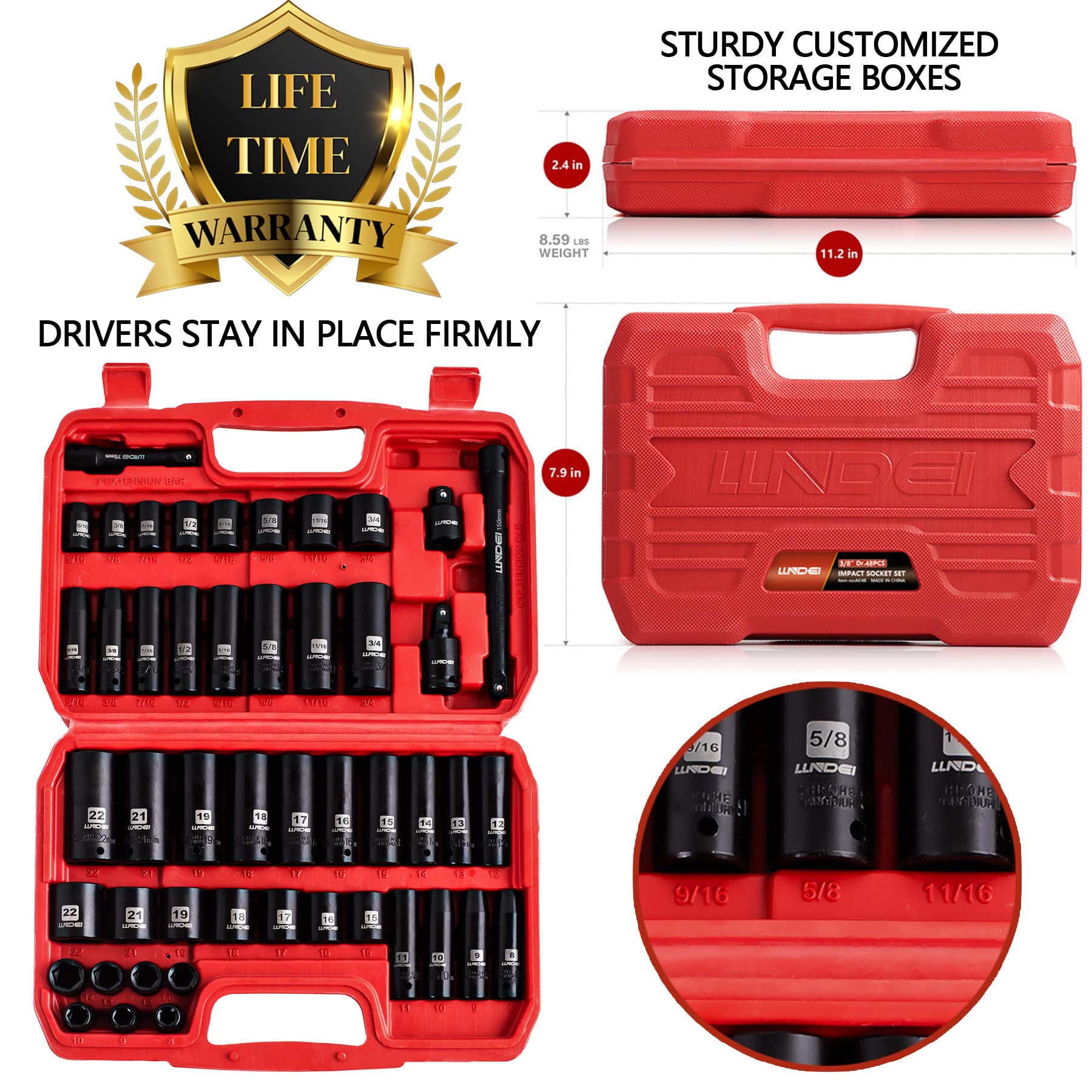LLNDEI 1/4-Inch Drive Impact Socket Set, 52 PCS Mechanic Tool Set with Ratchet & Adapter, CR-V, Metric and Standard Full Sockets with Storage Tool Kit for Household & Automotive Repair & DIY Project