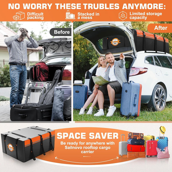 Sailnovo Roof Box Roof Bag 580L/20 Cubic Waterproof Car Roof Bag with 6 Door hooks, Soft-Shell Large Roof Cargo Carrier Bags for Cars without/with Roof Bars/Rack/Rails, Black