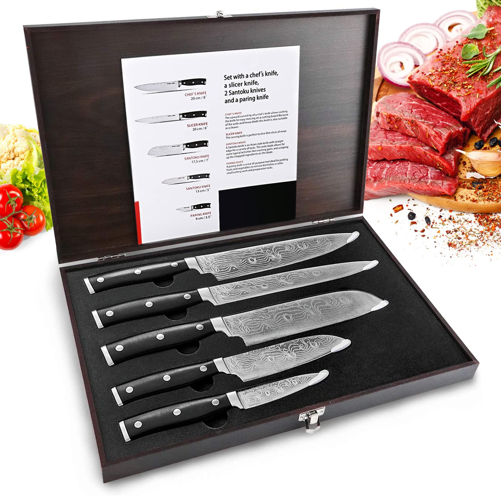 HUIKAILI Knife Set, 5 Pieces Professional Kitchen Set with Wooden Box, Stainless Steel Finish, Includes Chef Knife, Slicing 2 Sankotu Knives and