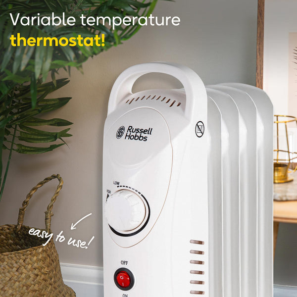Russell Hobbs 1500W/1.5KW Oil Filled Radiator, 7 Fin Portable Electric Heater - White, Adjustable Thermostat with 3 Heat Settings, Safety Cut-off, 15 m sq Room Size, RHOFR5001, 2 Year Guarantee