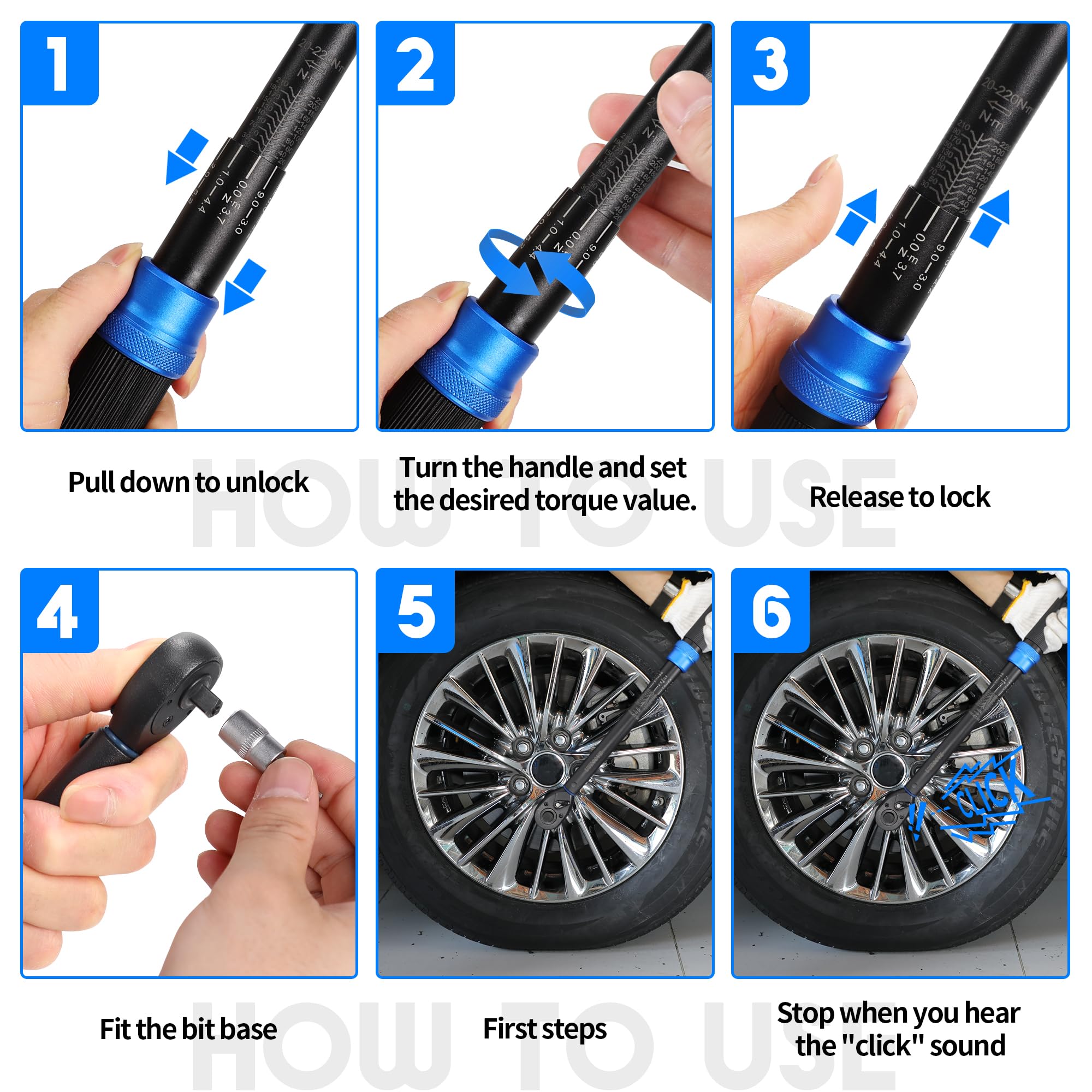 Torque Wrench Set 1/4 5-25Nm, 3/8 20-120Nm, 1/2 40-220Nm, 72 Tooth Dual-Direction Reversible Click Torque Wrenches for Bike Motorcycle, Car, Truck