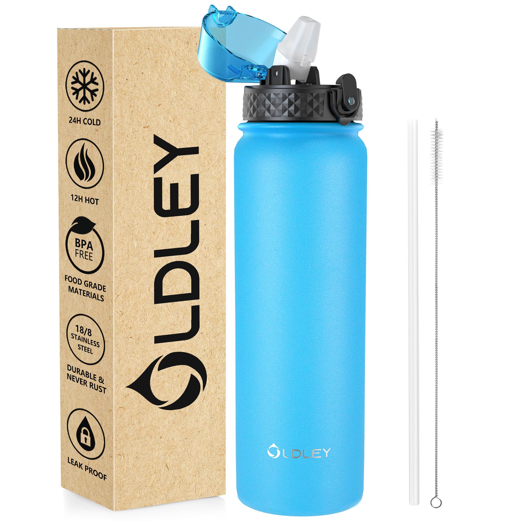 OLDLEY Stainless Steel Water Bottle with Straw 1L Vaccum Insulated Large Drink Flask Metal Water Bottles 1 Litre Leakproof Keep Drinks Hot Cold for Sports Gym with Different Lids(Purple Green, 3 Lids)