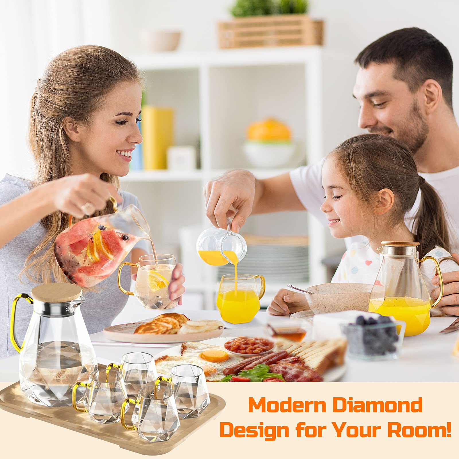 DUJUST Water Jug with 4 Cups, 1 Tray, Elegant Diamond Design Glass Jug with Handle, Decoration for Room, High Durability Pitcher Carafe for Ice Tea