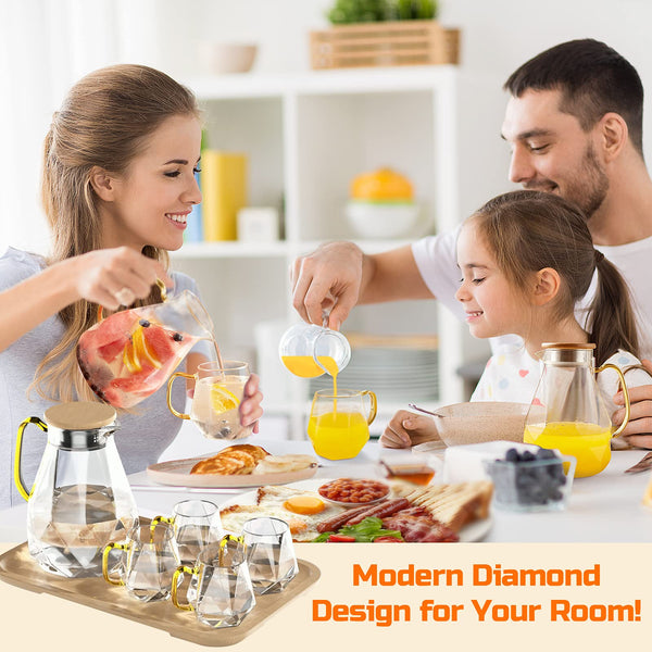 DUJUST Water Jug with 4 Cups, 1 Tray, Elegant Diamond Design Glass Jug with Handle, Decoration for Room, High Durability Pitcher Carafe for Ice Tea