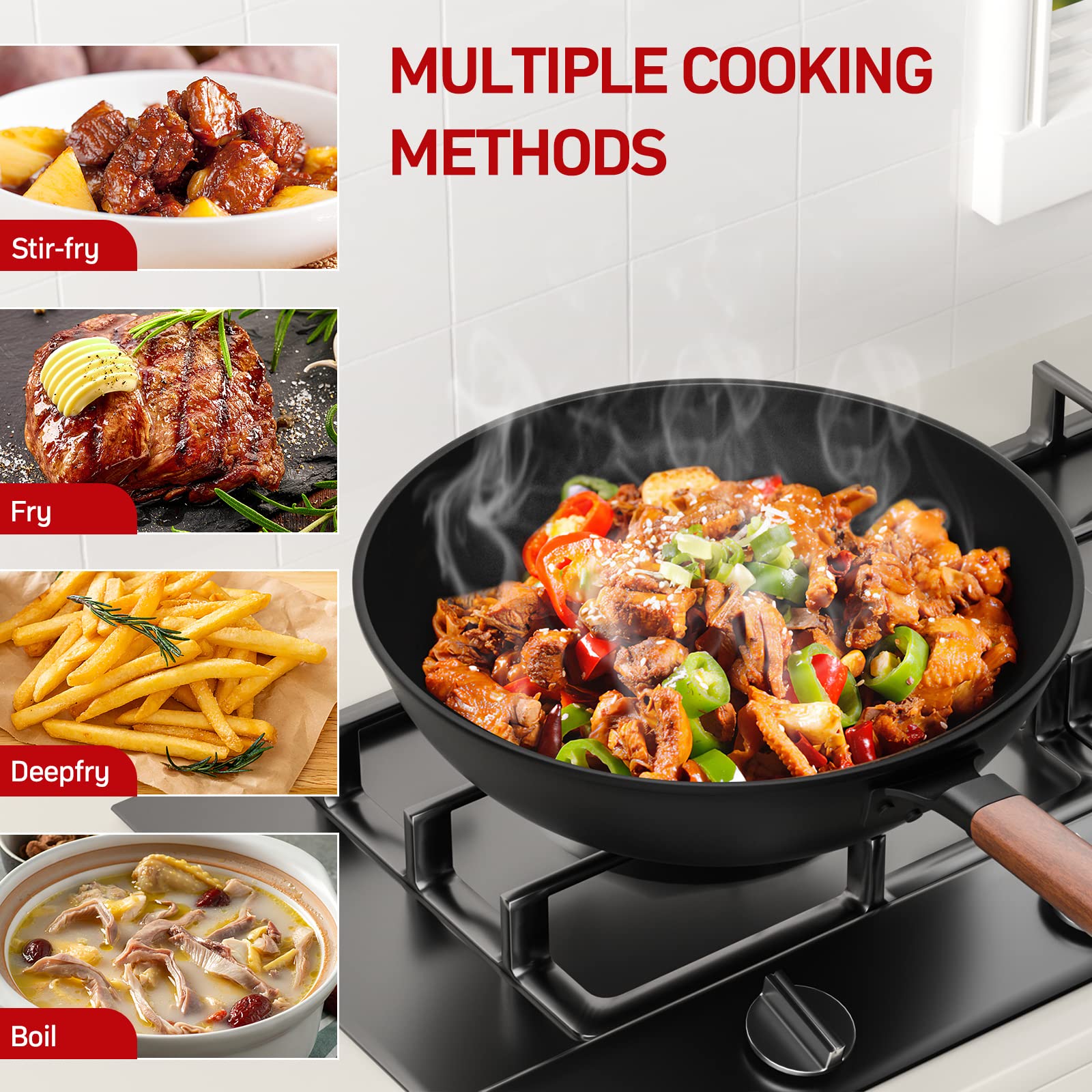 Jobin 33cm/5.6L Non Stick Wok with Lid Carbon Steel Frying Pan No Chemical Coated and Large Capacity for Cook Asian Dishes for 4-6 People, Ideal for