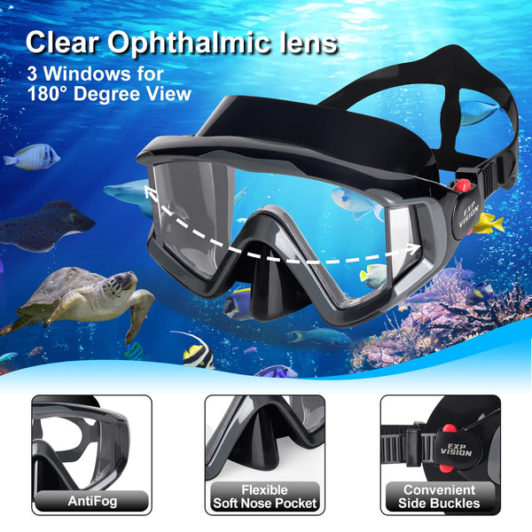 Dry Snorkel Set, Pano 3 Window Snorkel Mask, Anti-Fog Scuba Diving Goggles and Snorkel, Professional Adult Snorkeling Swim Mask Gear (Dark Gray Set)