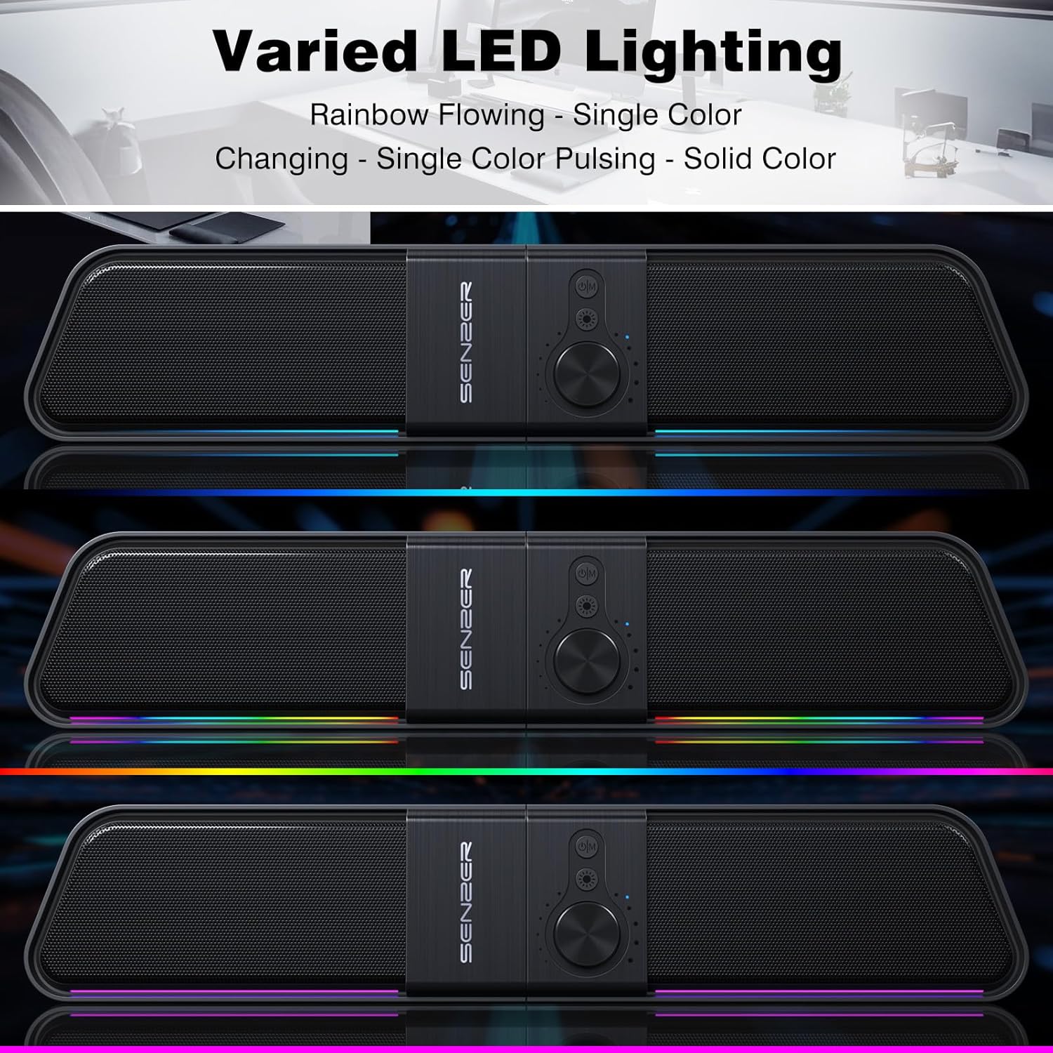 Senzer CS20 Pc Speaker, Usb Powered Desktop Speaker Computer Speakers with Flowing LED Bluetooth Gaming SoundBar Speaker for Laptop Desktop Monitor (Not 3.5 mm Jack)