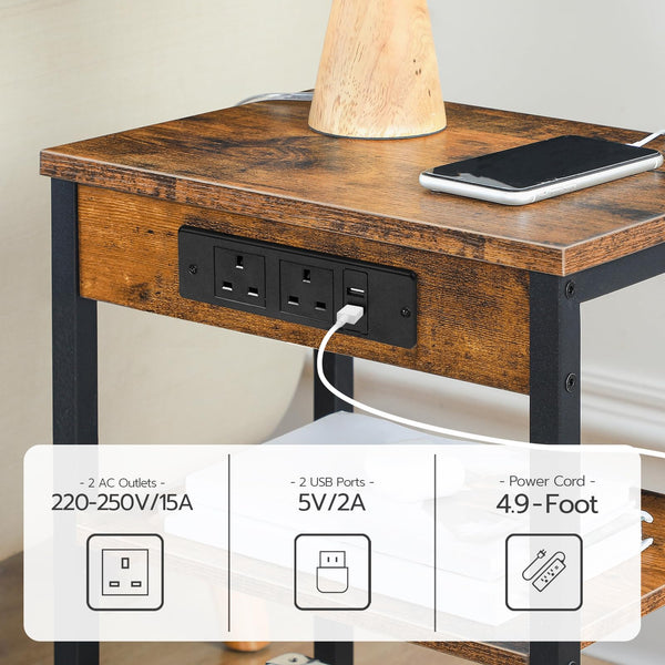 HOOBRO Side Table with Charging Station, Bedside Table with Charging Station, 2 Sockets and 2 USB Ports, Narrow Side Table, 3-Tier Bedside Table,