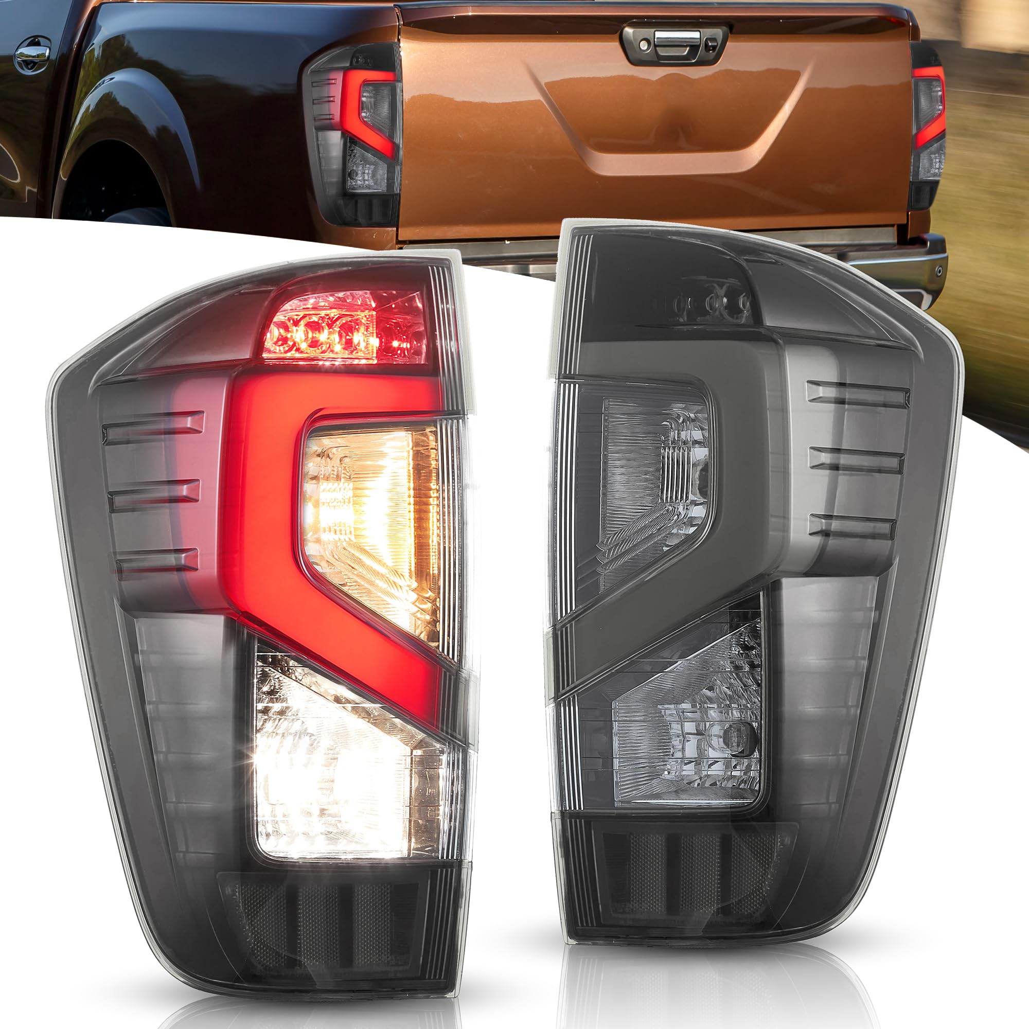 LED Rear Lights compatible with 3rd Gen D23 NP300 Navara Frontier Pickup Truck 2014-2023, Driver & Passenger Side - Smoked