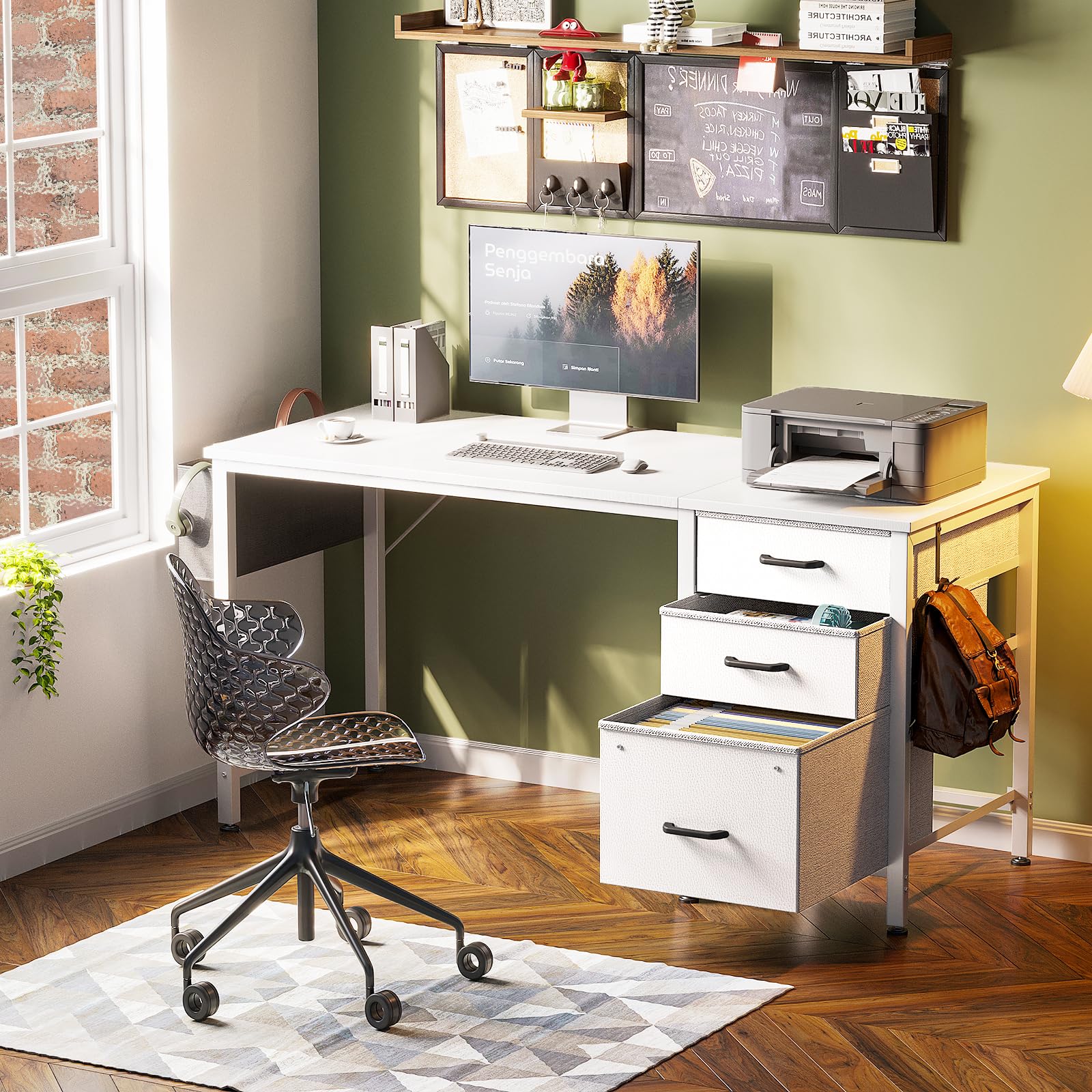 Coleshome Computer Desk with Drawers, 120×48cm Office Desk with Storage, Reversible Small White Desks for Home Office