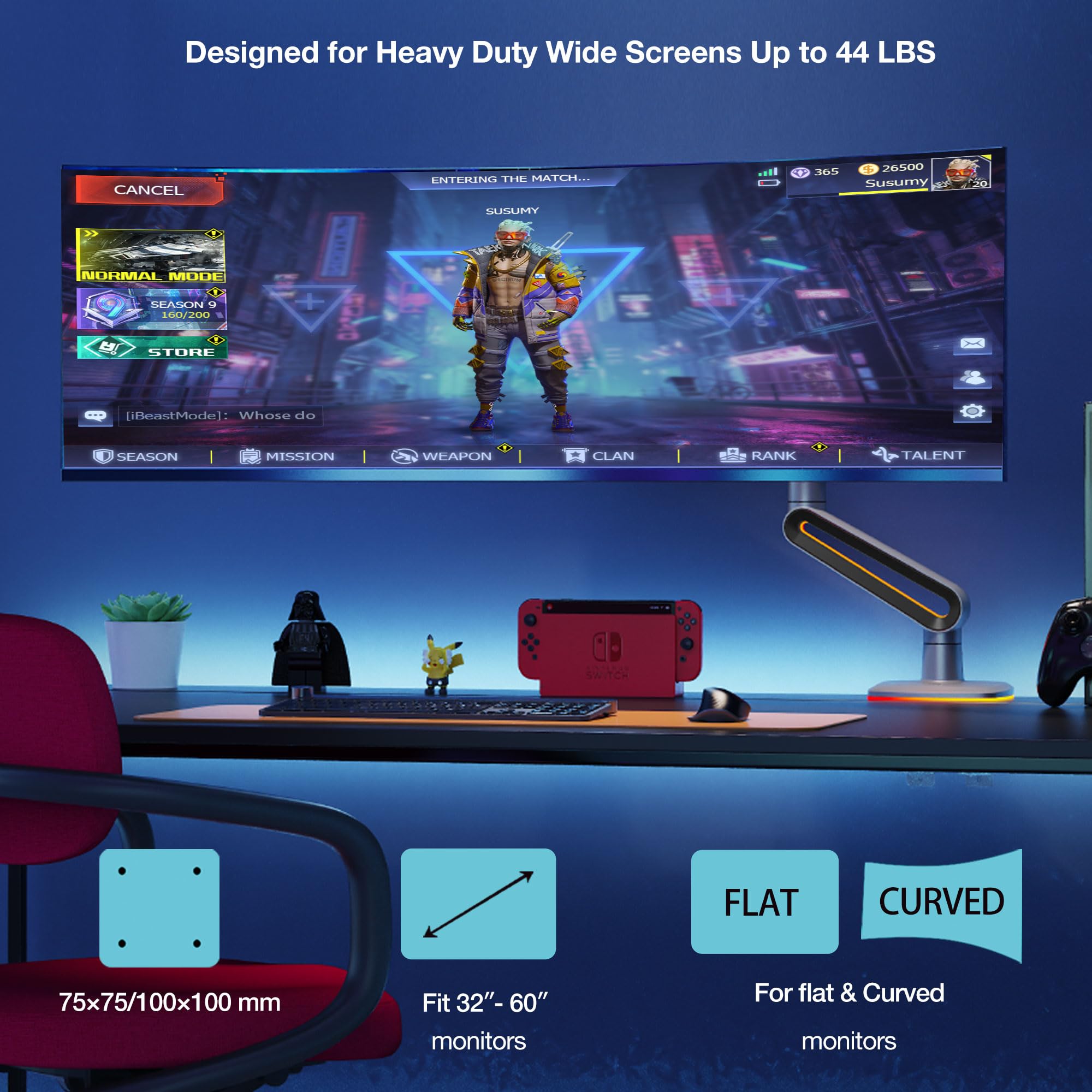 NB Ergonomic Monitor Stand for Screen 32 to 60 inch, RGB Ultrawide Curved Monitor Arm 49 57 inch - Load up to 20 kg, VESA 75 & 100 mm (Black)