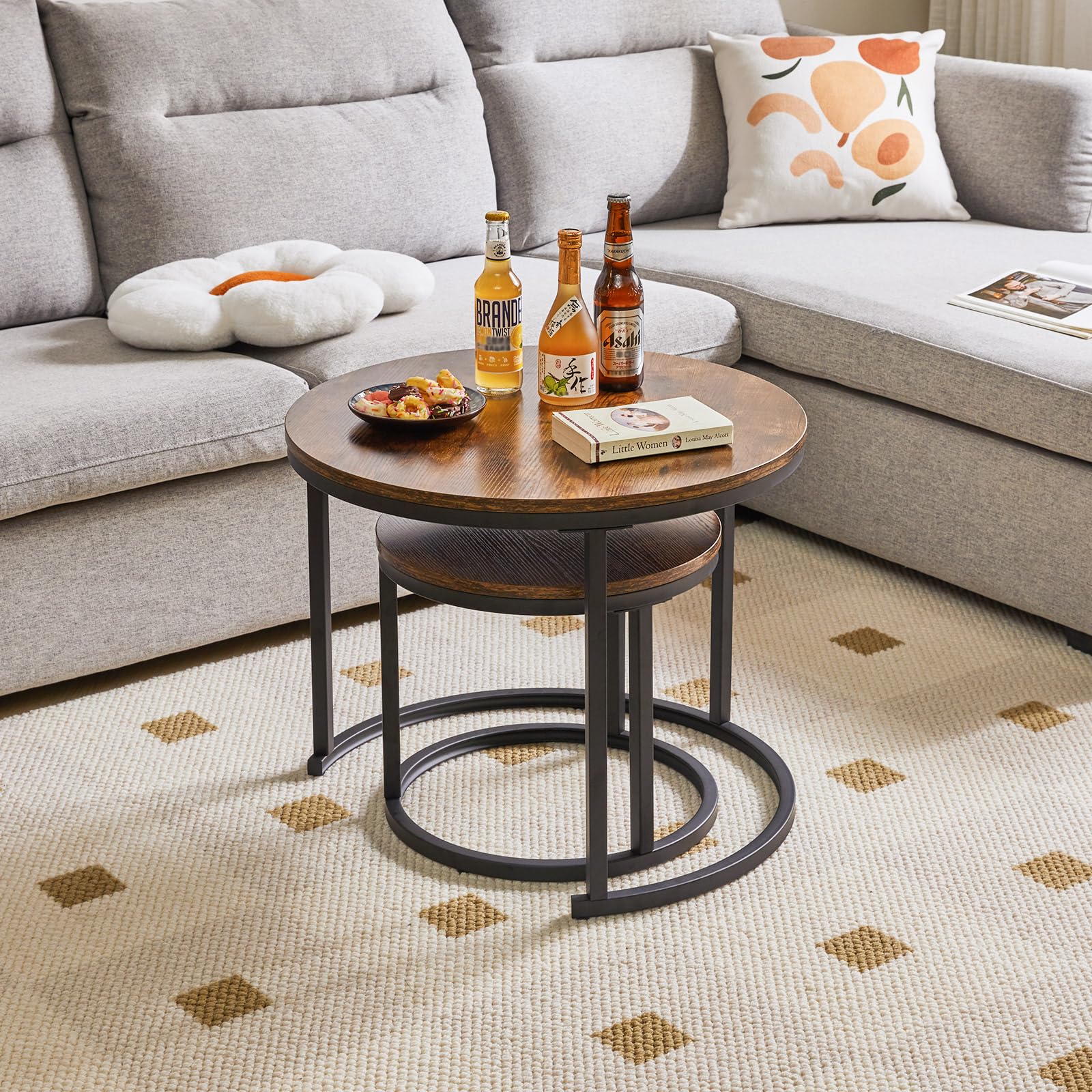 IBUYKE Round Nesting Table, Removable Set of 2 Coffee Tables, Stacking Sofa Side Table End Table, for Living Room, Bedroom, Office, Balcony,