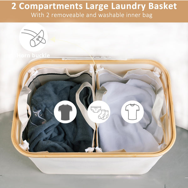 iEGrow Washing Basket for Laundry 150L XLExtra Large 2 Compartments Laundry Basket with Bamboo Handle and Lid, Dirty Clothes Storage Folable Laundry