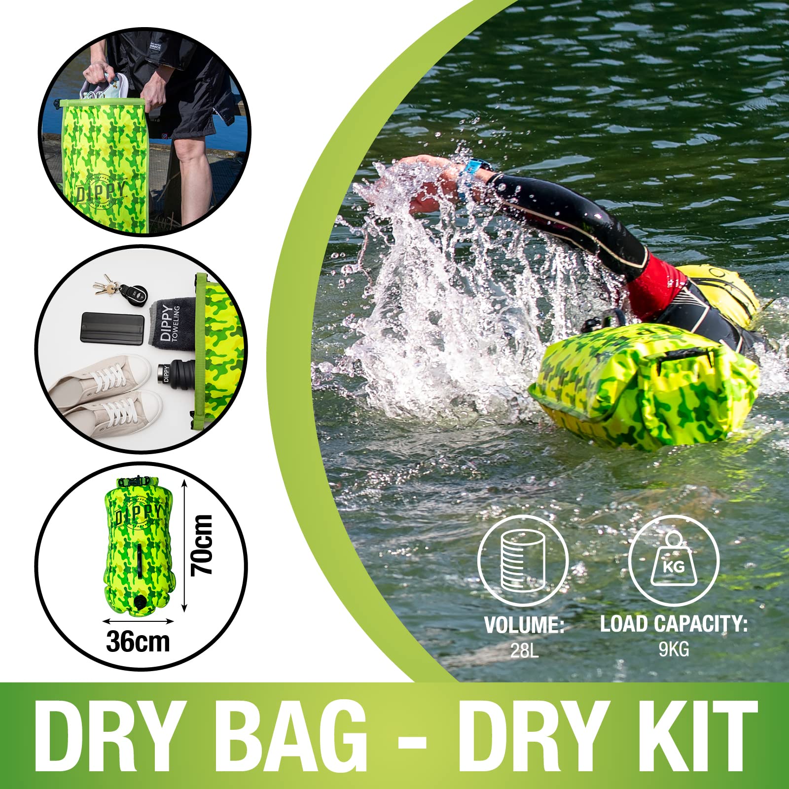 DIPPY Tow Floats for Open Water Swimming | 28L Swim Buoy Open Water Swimming Float | Waterproof Swimming Buoy | Tow Float Dry Bag | Wild Swimming Float | Wild Swimming Accessories Triathlete, Swimmer