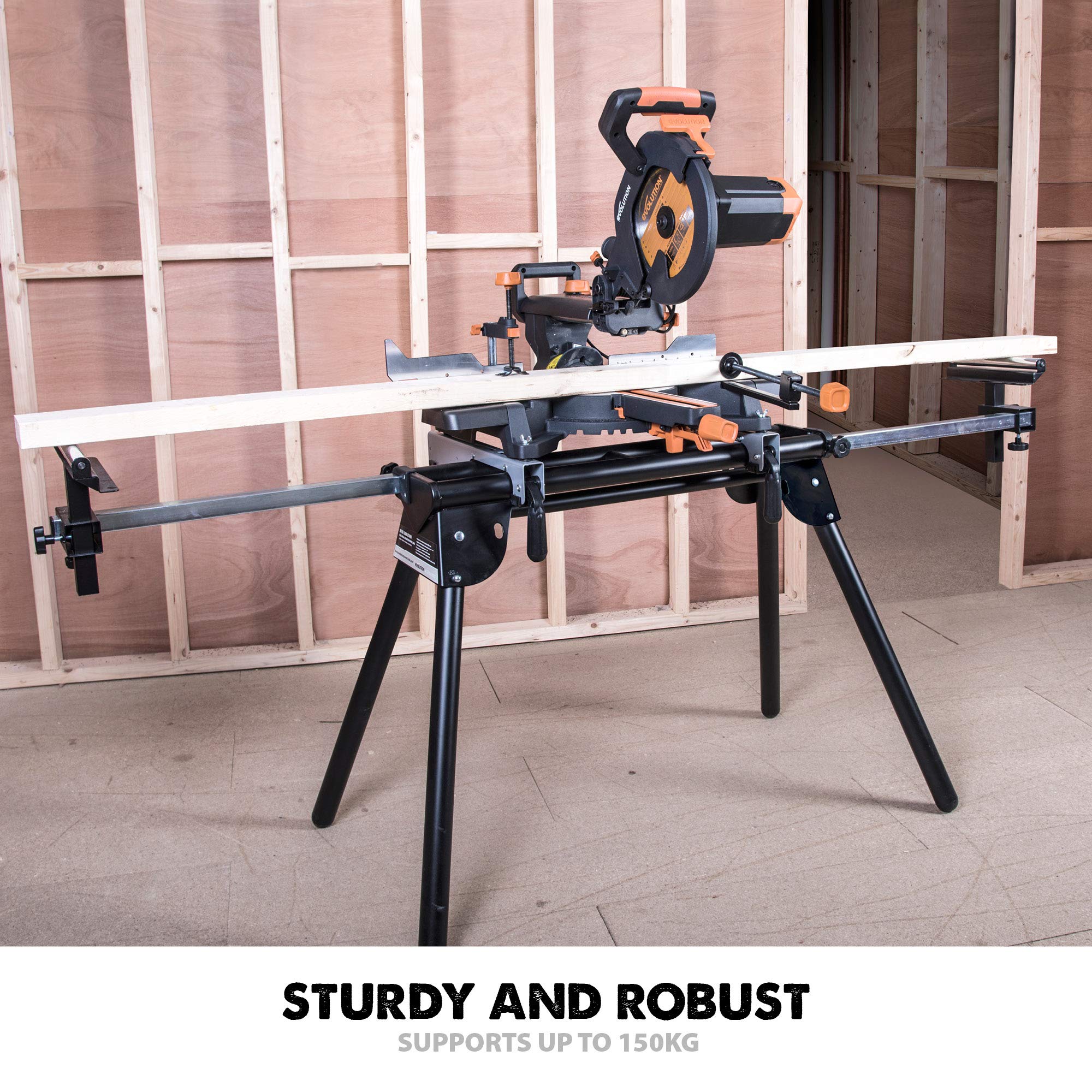 Evolution Power Tools EVOMS1 Mitre Saw Stand, Universal Compact Folding with Extending Support Arms, Fits Evolution, Makita, DeWalt, Bosch, Ryobi, Einhell and Metabo, Supports 150kg Weight & 3m Length