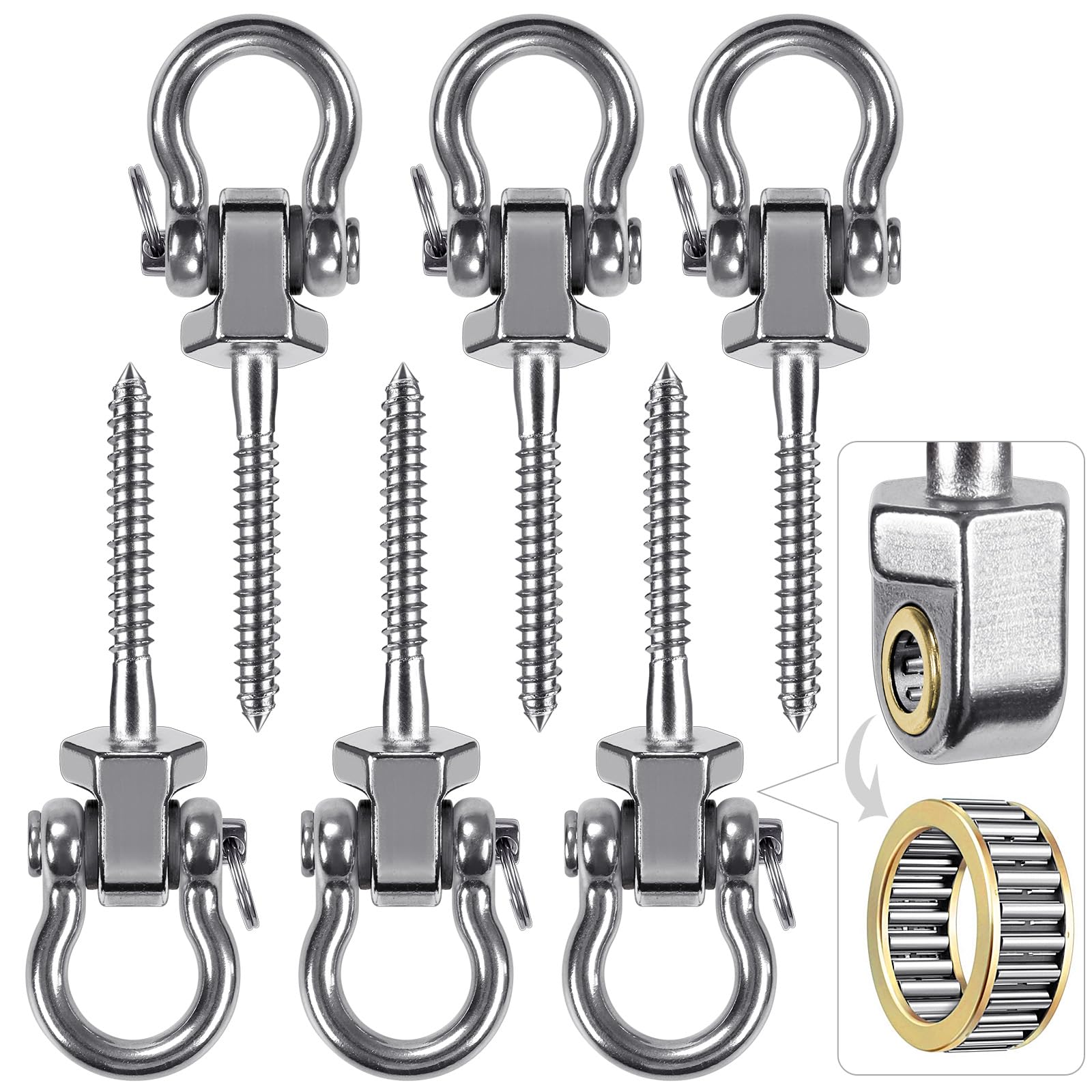 BeneLabel Heavy Duty Swing Hangers with Bearings - Set of 6 Stainless Steel 304 Screw Brackets for Hanging Chairs, Swings, Hammocks, Punching Bag -