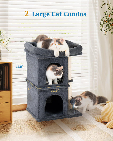 Aechonow 61cm Cat Tree Tower For Large Adult Cats, 48 * 40cm Big Window Perch Bed, 2 Cat Condos House for Indoor Kittens, Natural Sisal Scratching