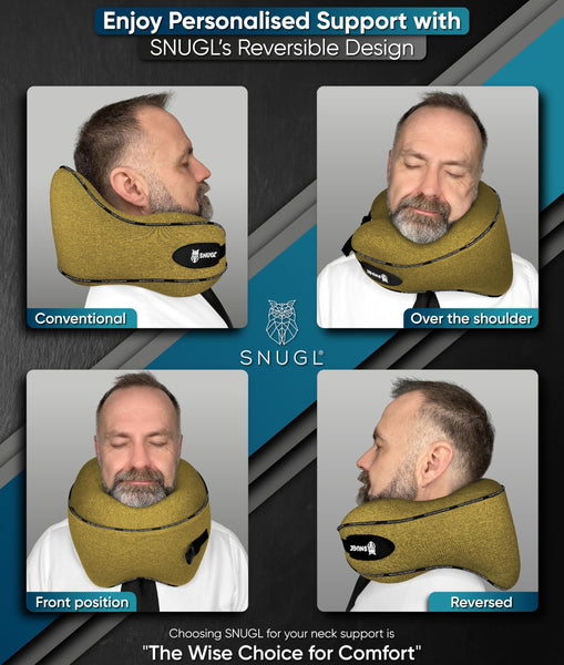 SNUGL Travel Pillow – Memory Foam Neck Pillow for Travel – Support Cushion for Airplane with Carry Bag & Clip - Holiday Essentials (Black - Adult Regular)