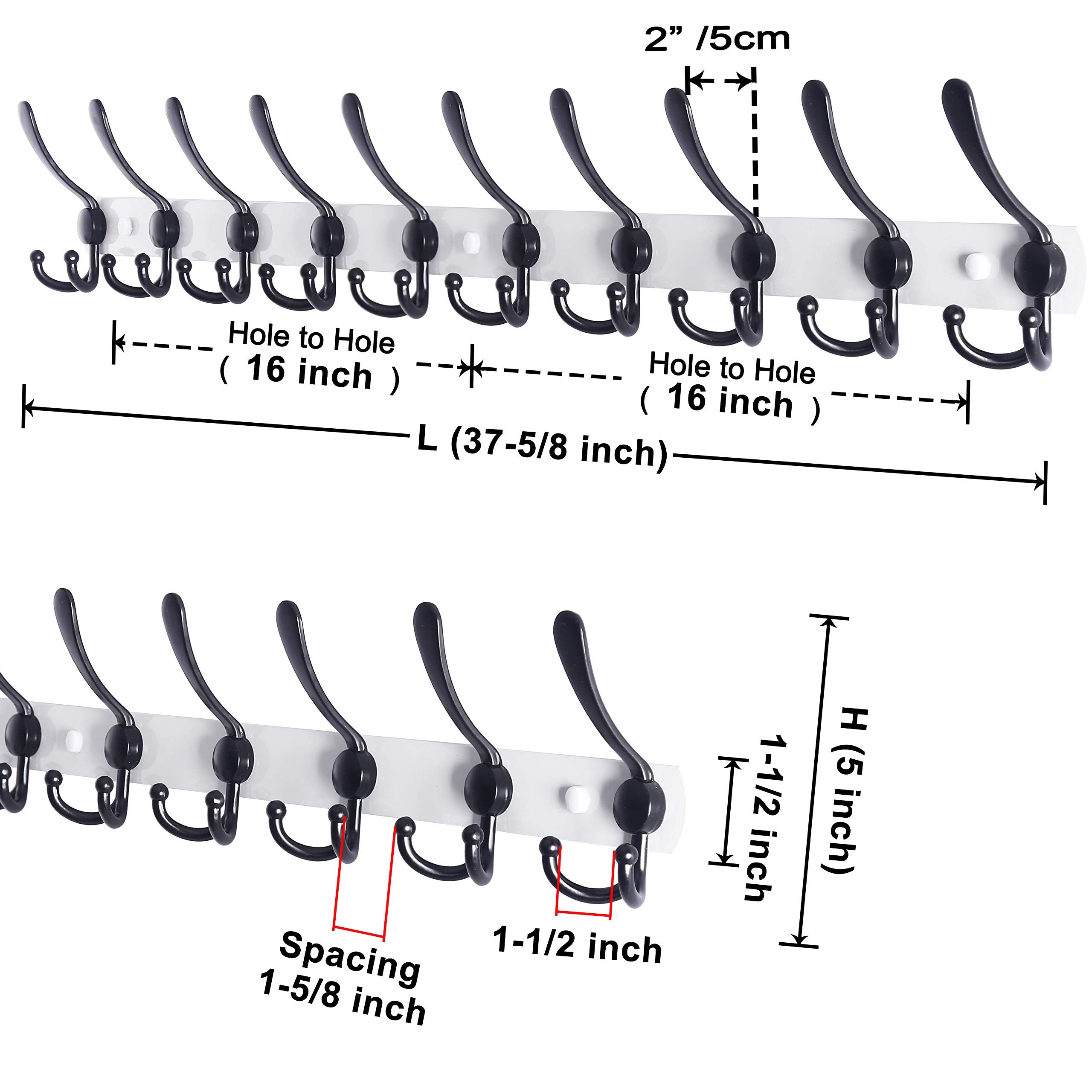 Dseap Wall Mounted Coat Rack - 96cm Long 10 Tri Hooks, Heavy Duty Stainless Steel Metal Coat Hanger Rail Wall Hooks for Coats Hats Clothing Clothes