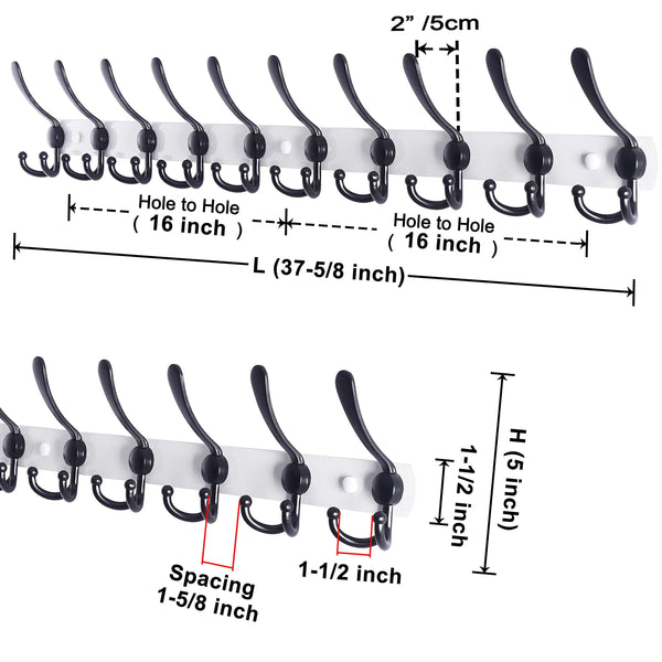 Dseap Wall Mounted Coat Rack - 96cm Long 10 Tri Hooks, Heavy Duty Stainless Steel Metal Coat Hanger Rail Wall Hooks for Coats Hats Clothing Clothes