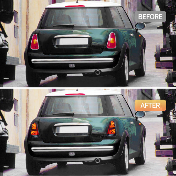 VLAND LED Rear Lights Compatible with Mini Cooper R50 R52 R53 2001-2006 1st Gen Hatch/Convertible, Union Jack Tail Lights w/Startup Dynamic Display & Sequential Indicator, 1 Set (Red)