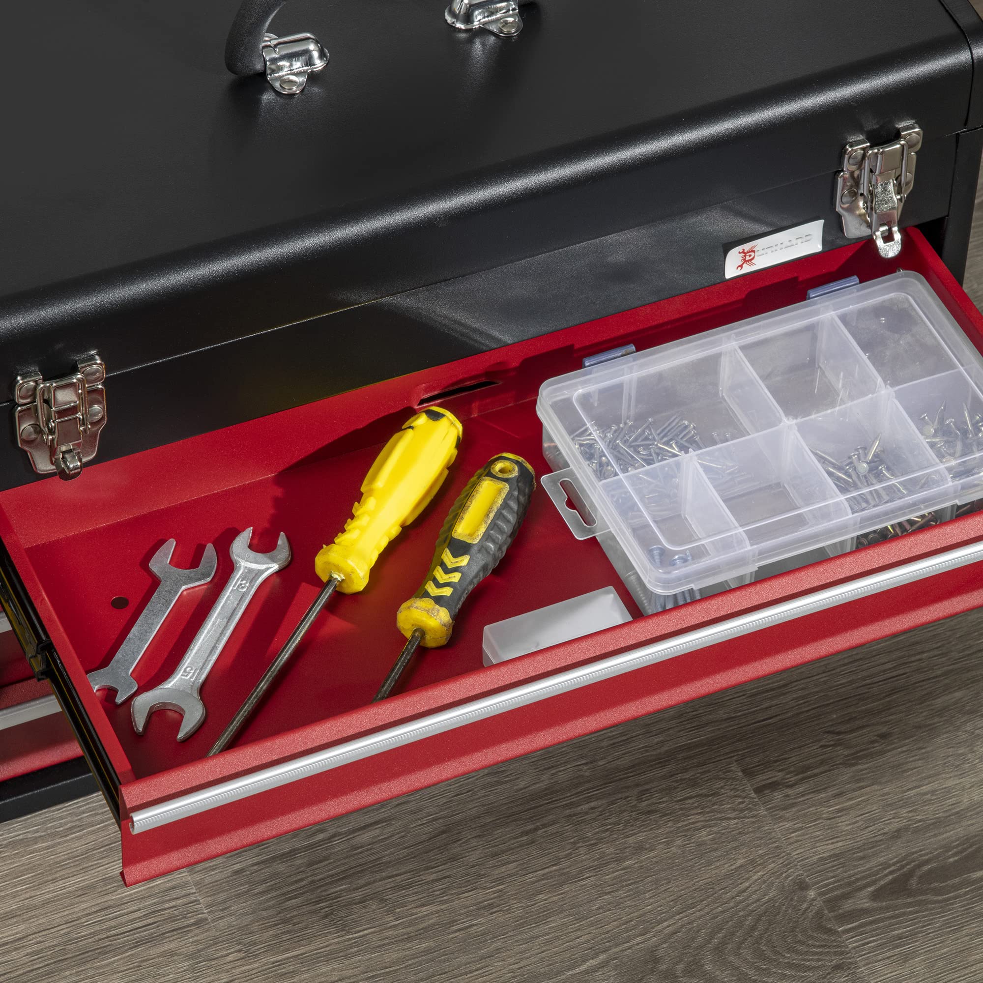 DURHAND 3 Drawer Tool Chest, Lockable Metal Tool Box with Ball Bearing Runners, Portable Toolbox, 510mm x 220mm x 320mm, Red