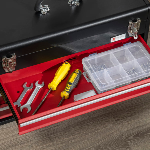 DURHAND 3 Drawer Tool Chest, Lockable Metal Tool Box with Ball Bearing Runners, Portable Toolbox, 510mm x 220mm x 320mm, Red